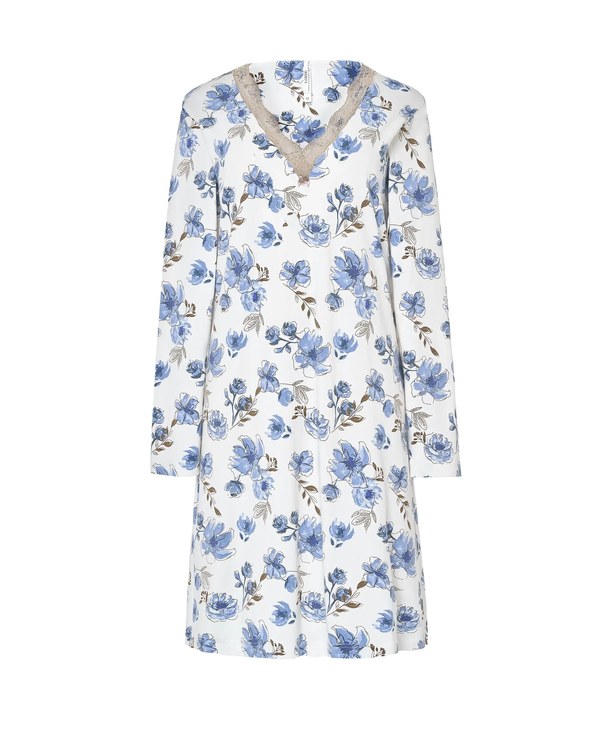 Elegante camisón hasta la rodilla de manga larga, estampado floral azul sobre blanco y escote en V de encaje beige
