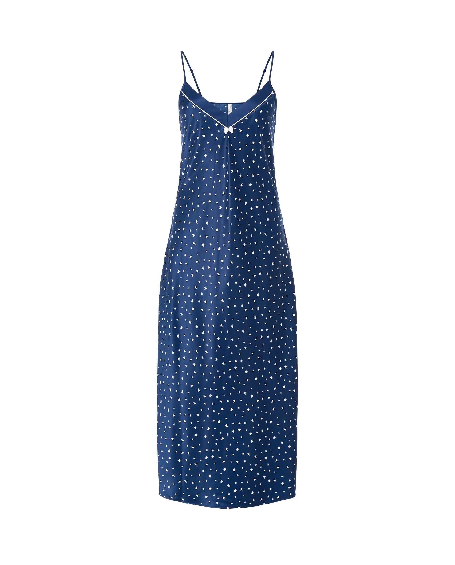 Camisón de lujo Lohe, confeccionado en raso estampado de estrellas, ideal para noches elegantes.