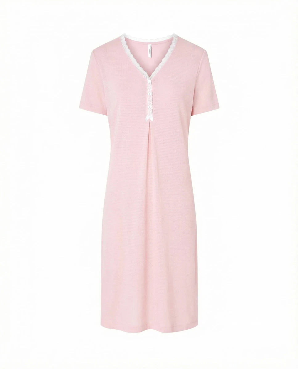 Camisón lencero corto manga corta cuello puntilla — Rosa