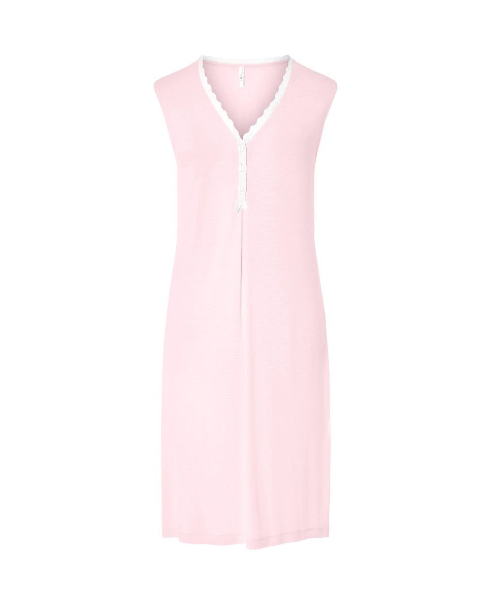 Camisón lencero corto sin mangas cuello botones puntilla — Rosa