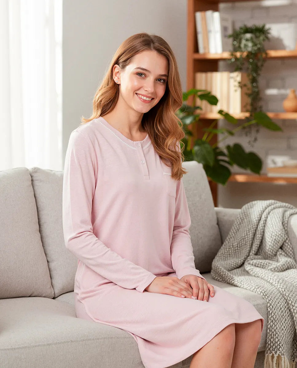 ✅ Camisón de manga larga melange rosa escote en pico | LOHE ®