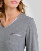 Detalle del cuello de camisón lencero celeste abotonado con encaje