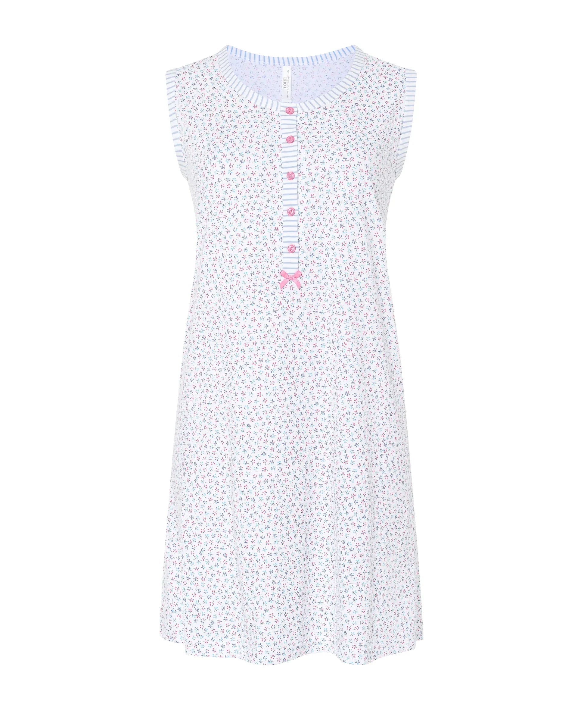 Camisón corto de mujer Lohe, tejido estampado flores, abierto con pata, botones y sin mangas.