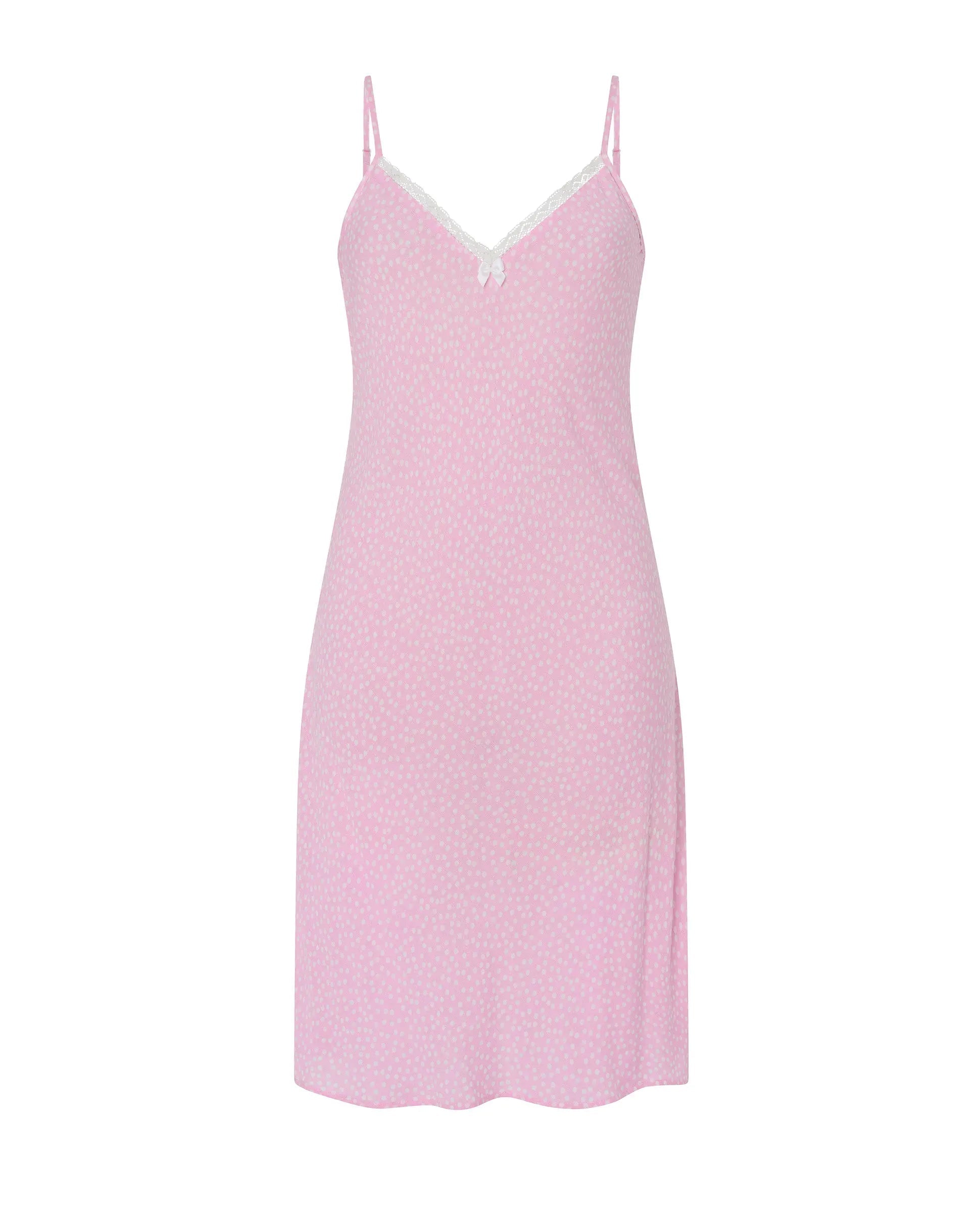Camisón corto de mujer Lohe, tejido jacquard rosa de viscosa estampado topitos, puntilla en escote y tirantes.