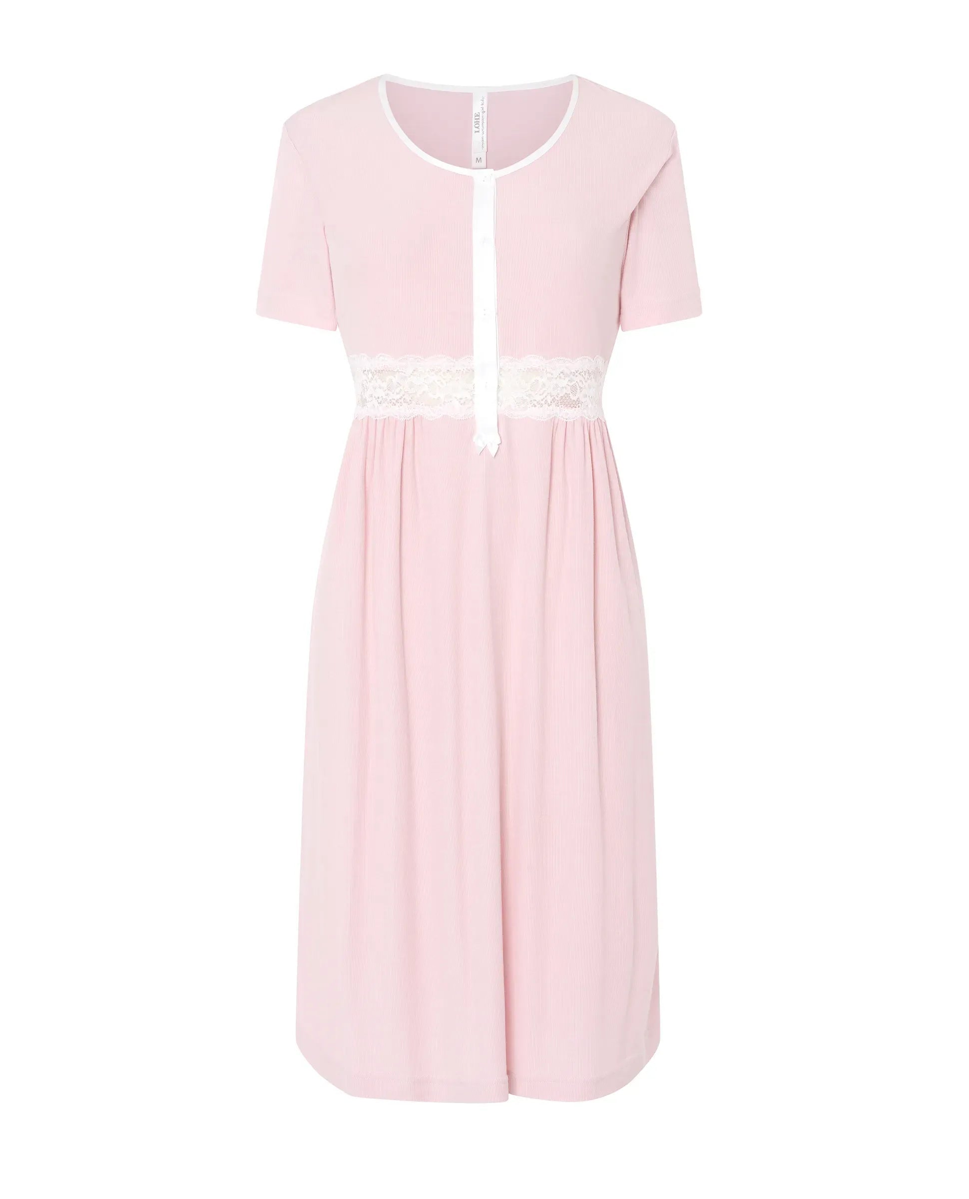 Camisón verano canalé puntilla de manga corta — Rosa