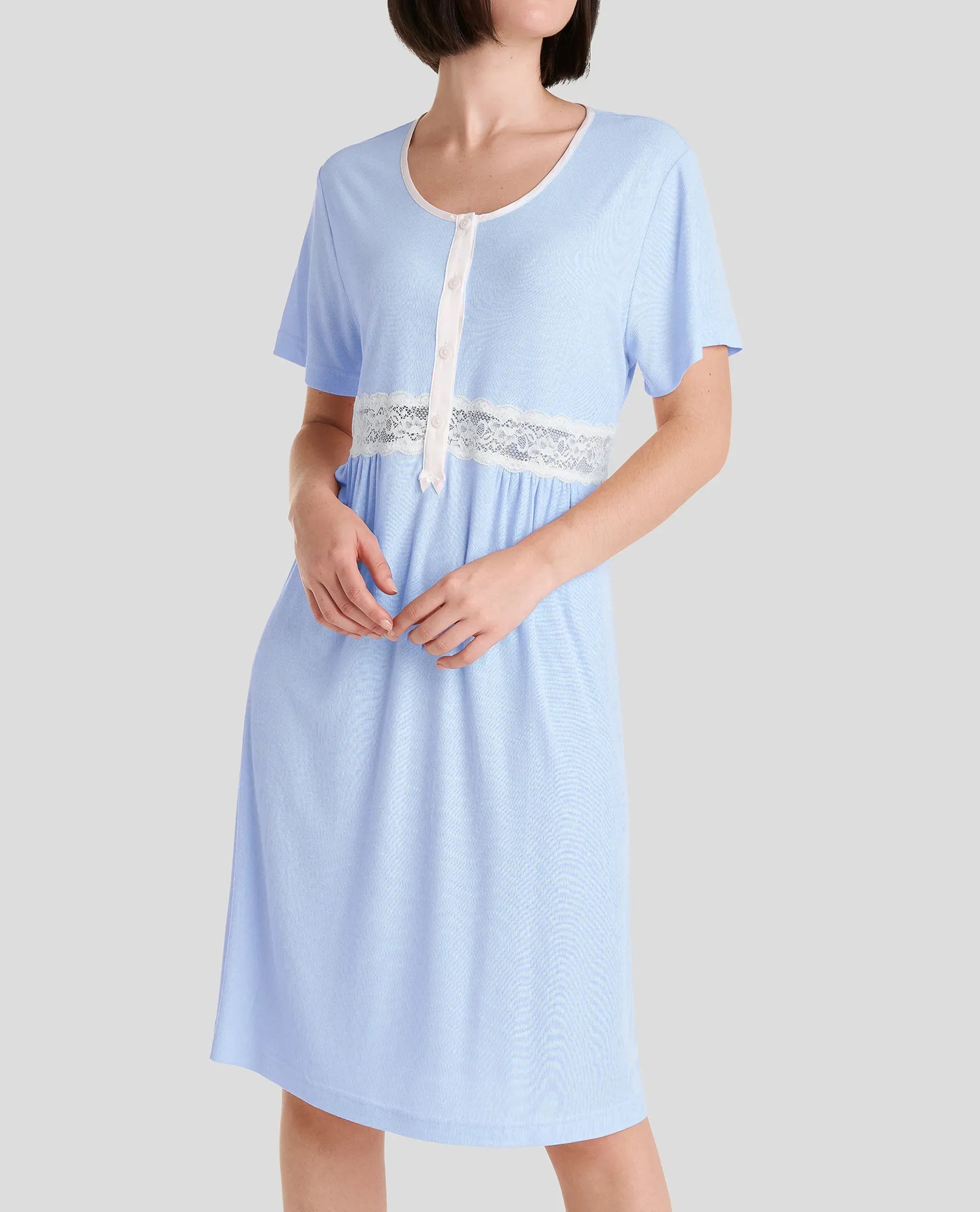 Camisón de verano canalé puntilla de manga corta marfil