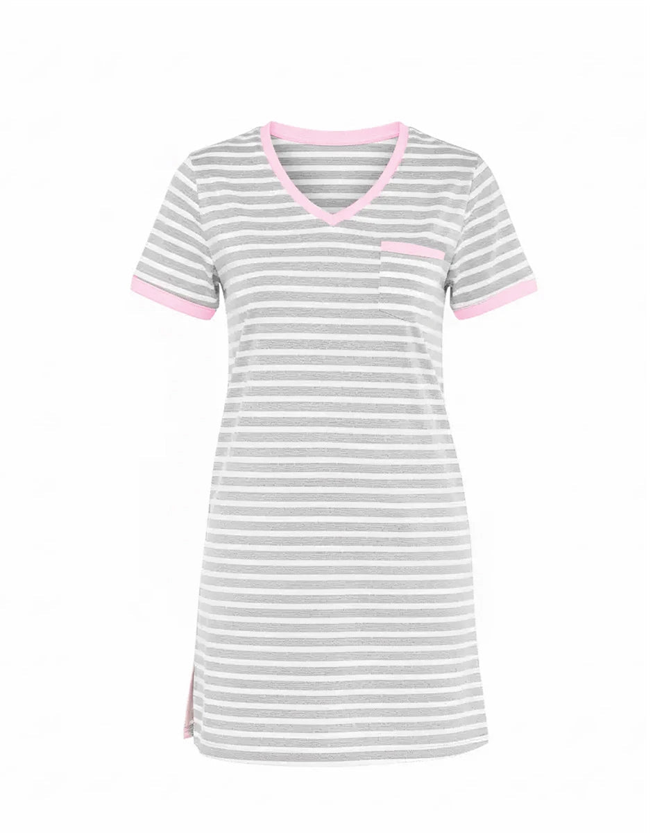 Camisón corto de manga corta rayas grises con detalles y cuello pico rosa