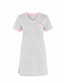 Camisón corto de manga corta rayas grises con detalles y cuello pico rosa