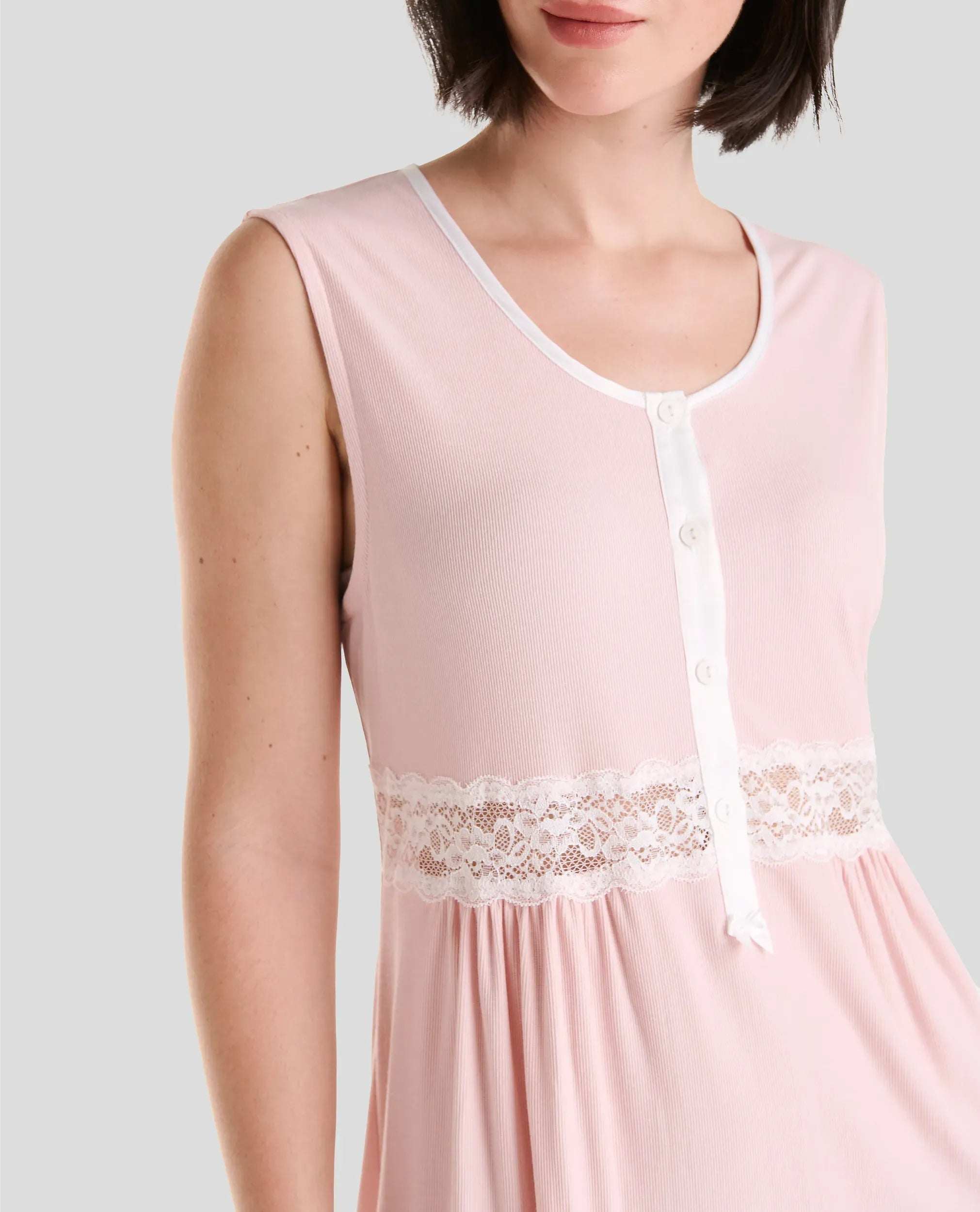 Camisón verano sin mangas canalé puntillla — Rosa