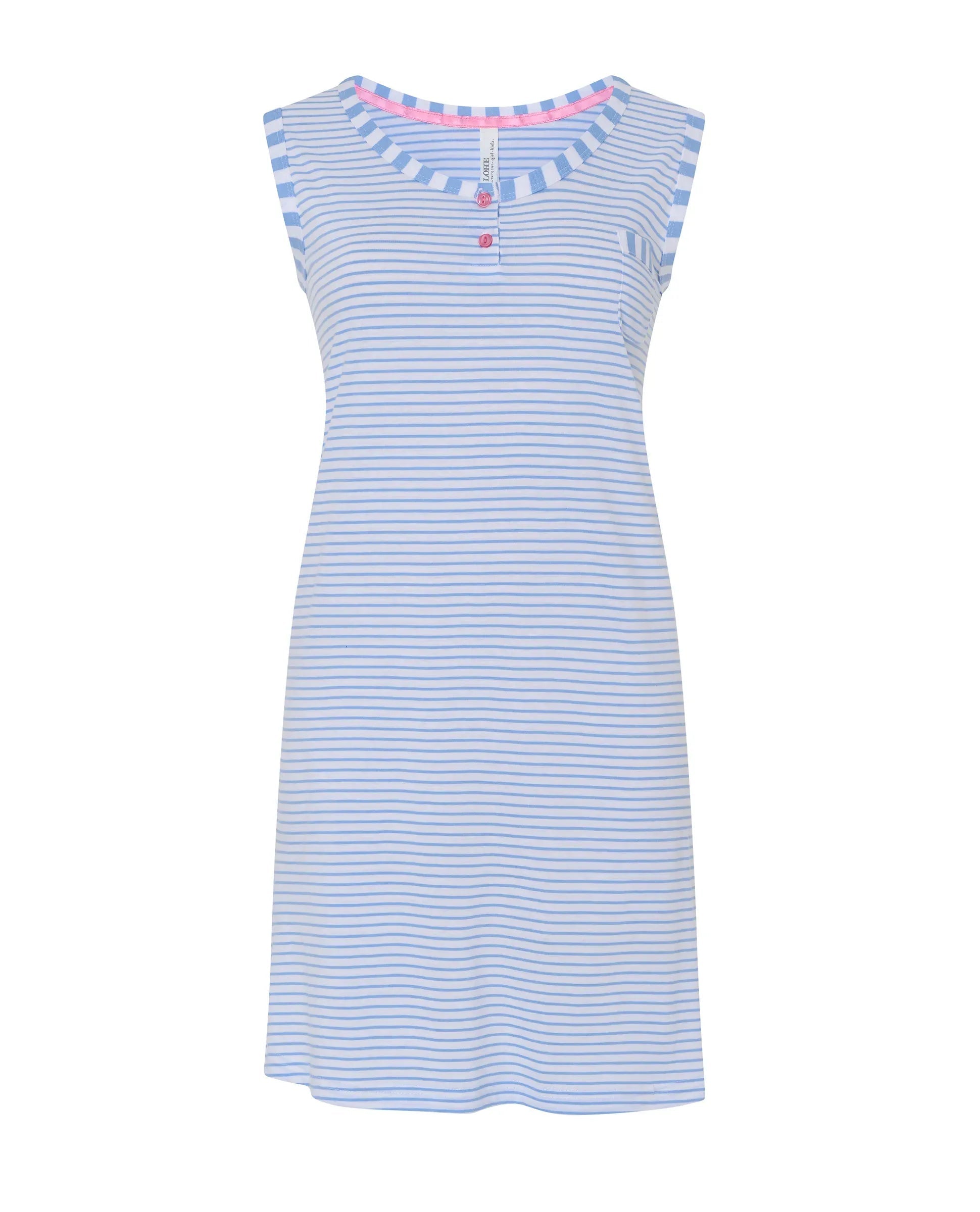 Camisón corto de mujer Lohe, tejido rayas, abierto con pata, botones y sin mangas.
