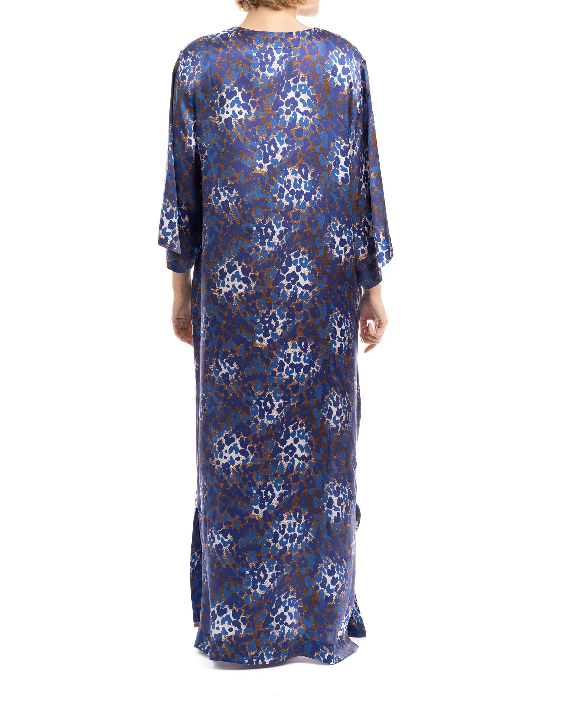 Kaftan seda natural estampado escote redondo y abertura central