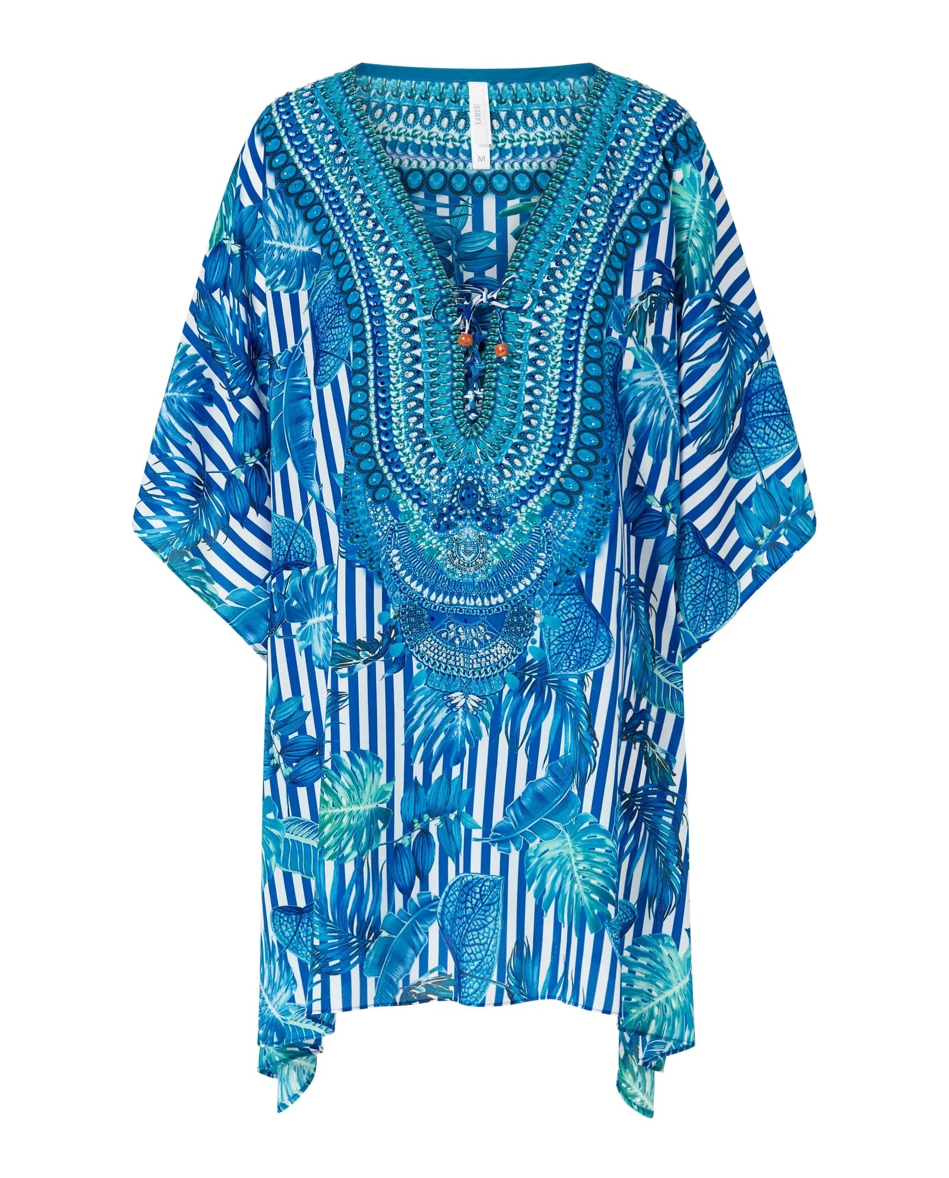 Kaftán corto de mujer para verano, estampado rayas y hojas azules.