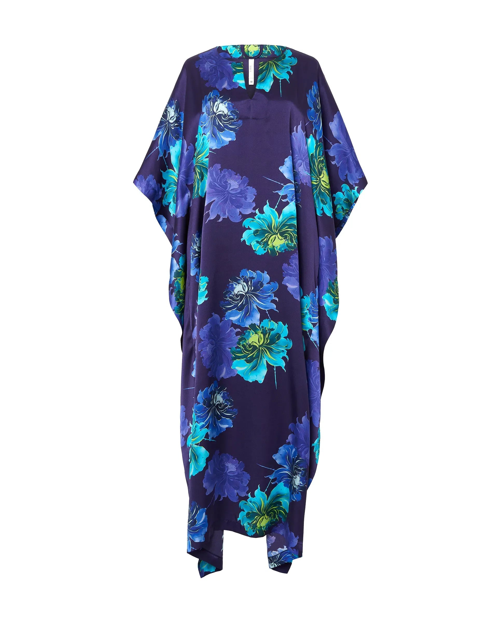 Kaftan de seda natural estampado con escote redondo y abertura central con manga mariposa al codo