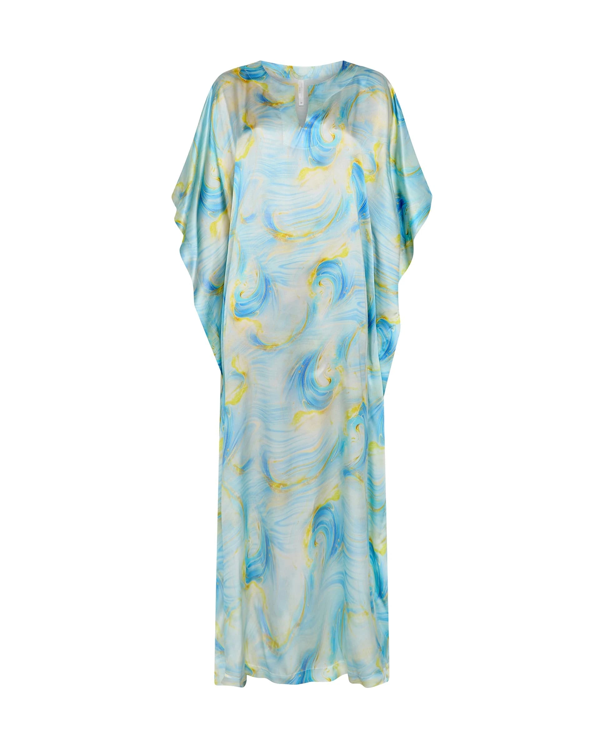 Kaftan largo de seda natural estampado fantasía con con manga mariposa al codo y escote redondo abierto.