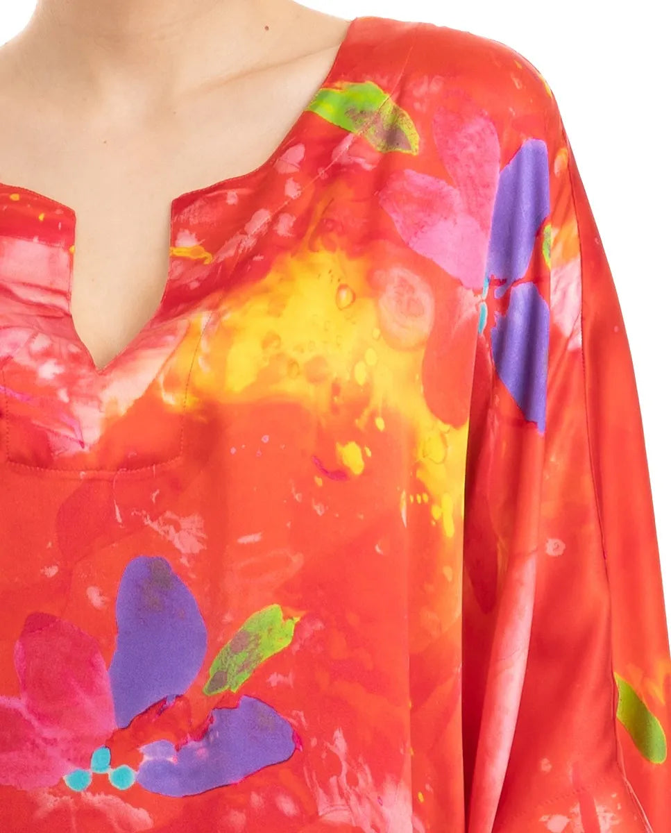 Kaftan seda natural estampado escote redondo y abertura central