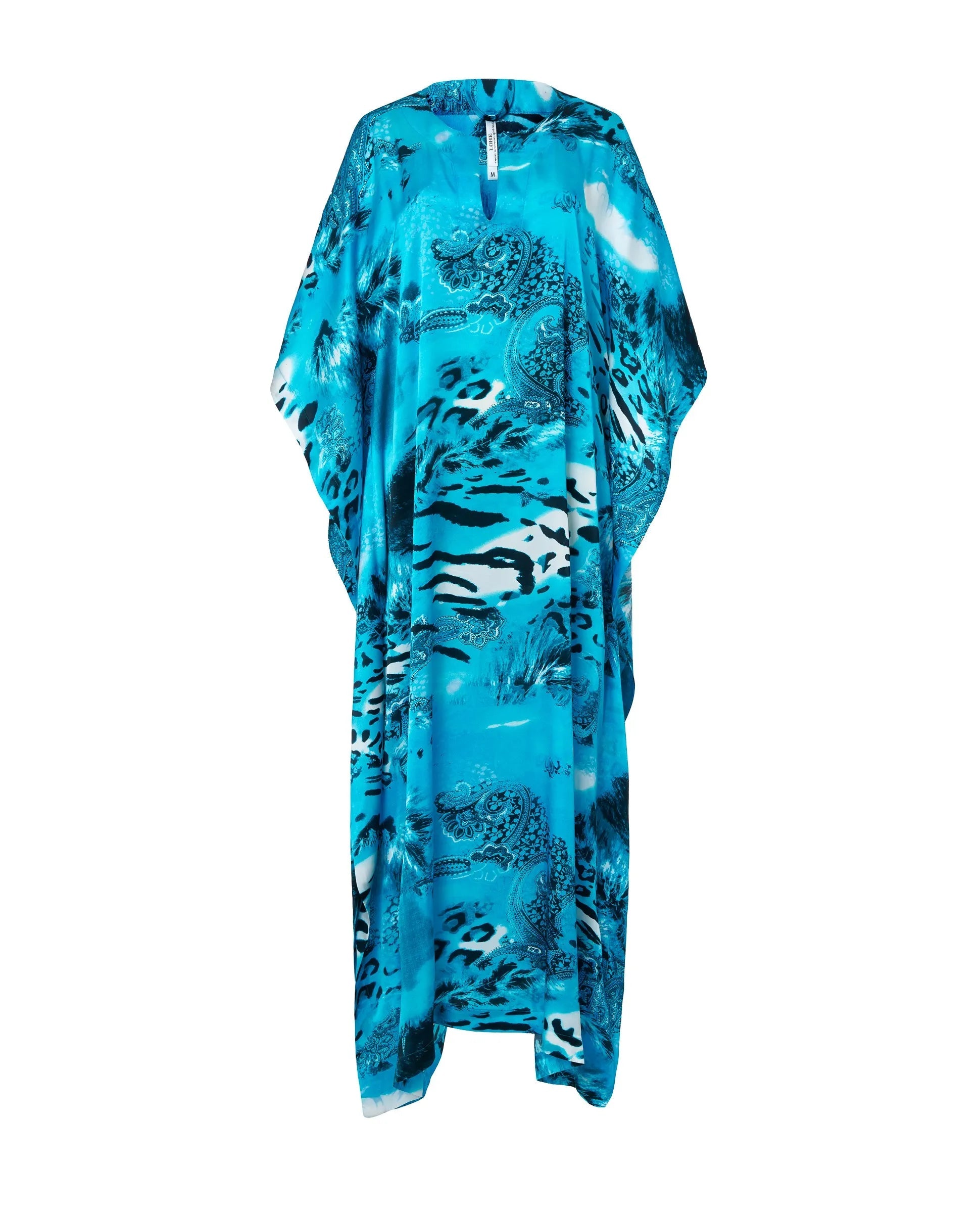 Kaftan de seda natural estampado con escote redondo y abertura central con manga mariposa al codo.
