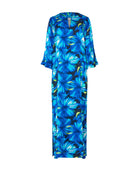 Kaftan de seda para verano largo con abertura lateral y escote redondo flores azules