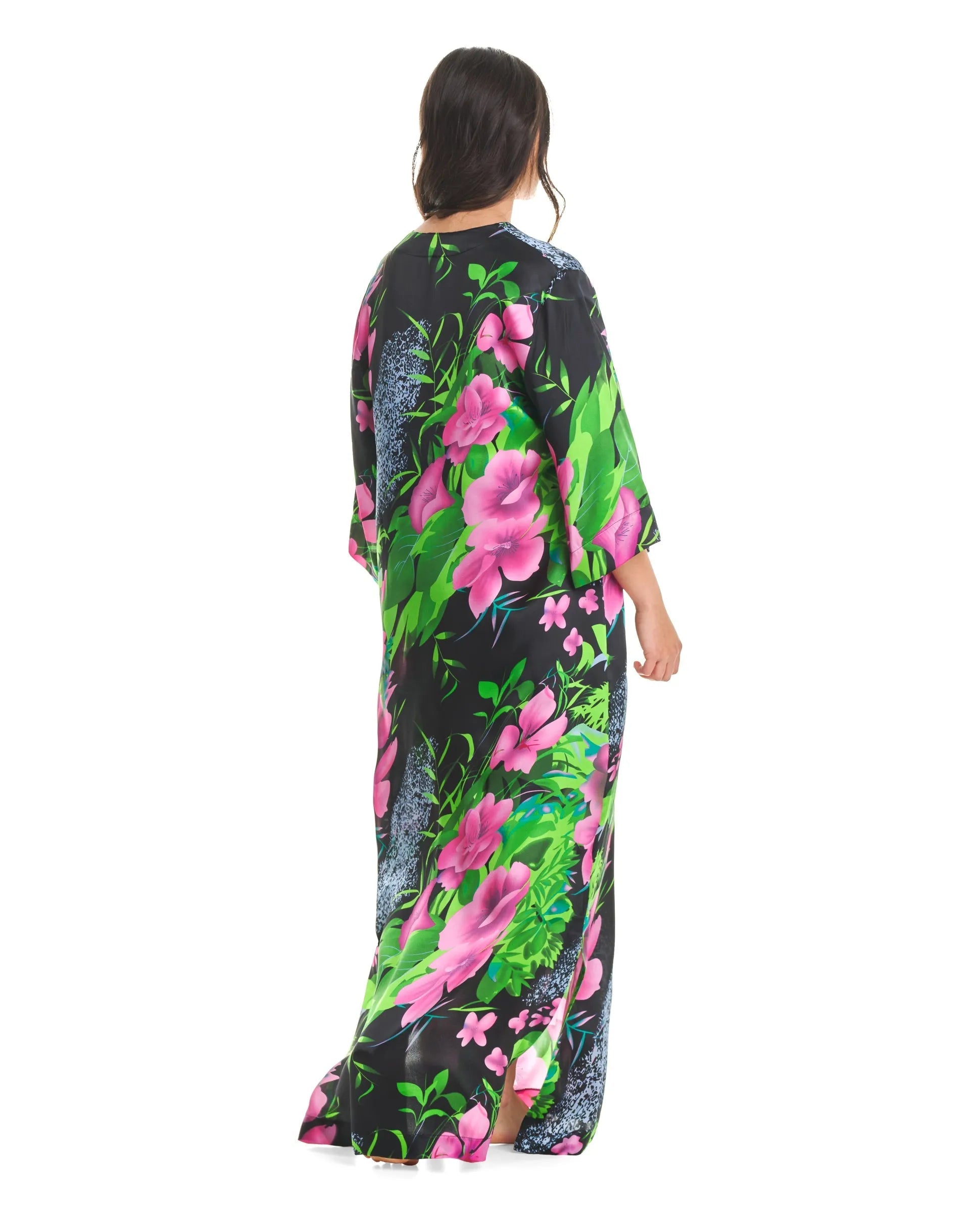 Vista trasera kaftan seda natural estampado flores