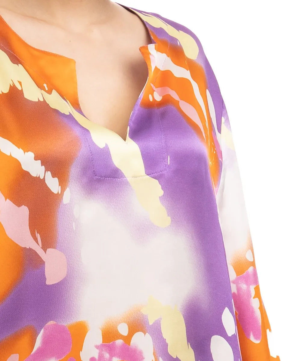 Kaftan seda natural estampado escote redondo y abertura central