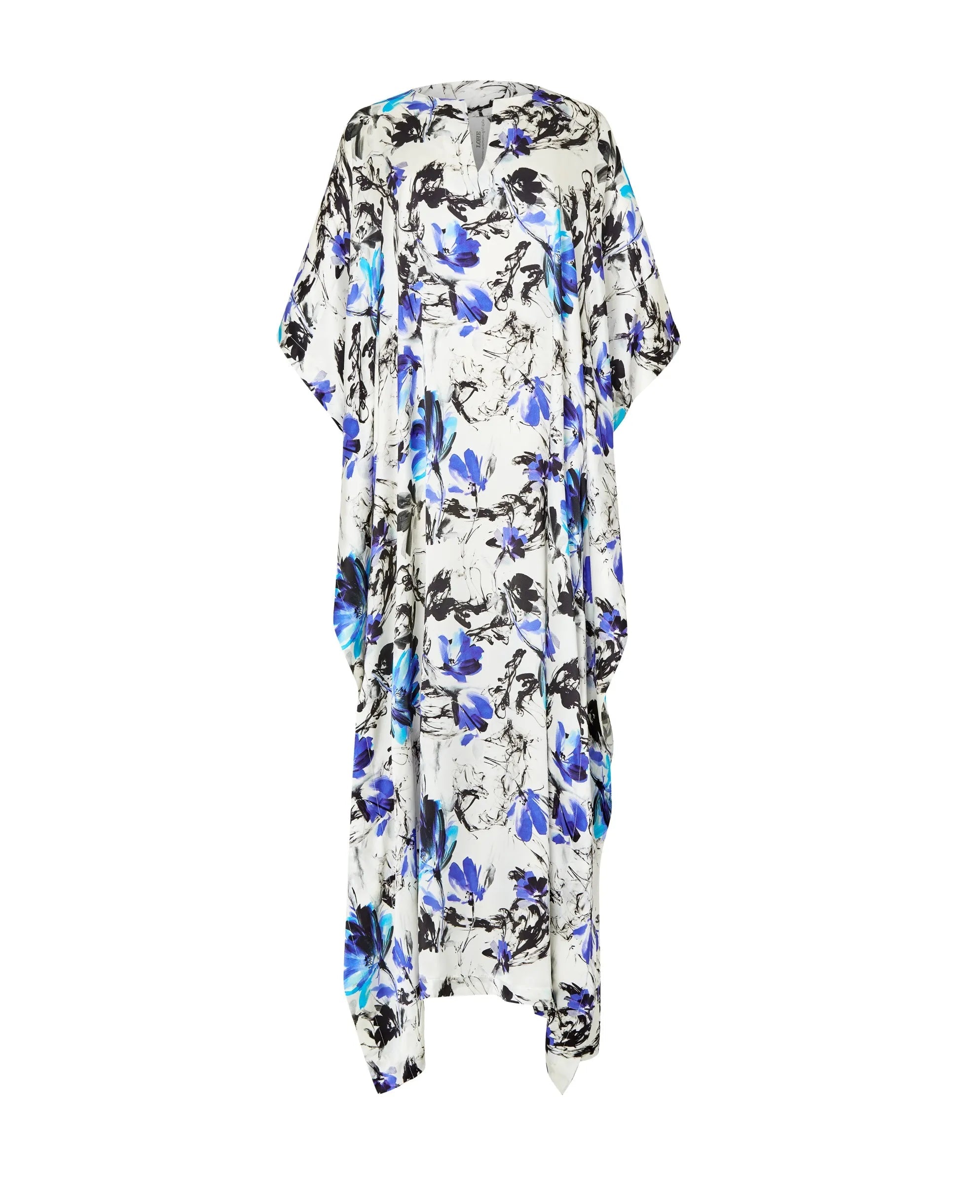 Kaftan de seda natural estampado con escote redondo y abertura central con manga mariposa al codo.