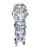 Kaftan de seda natural estampado con escote redondo y abertura central con manga mariposa al codo.