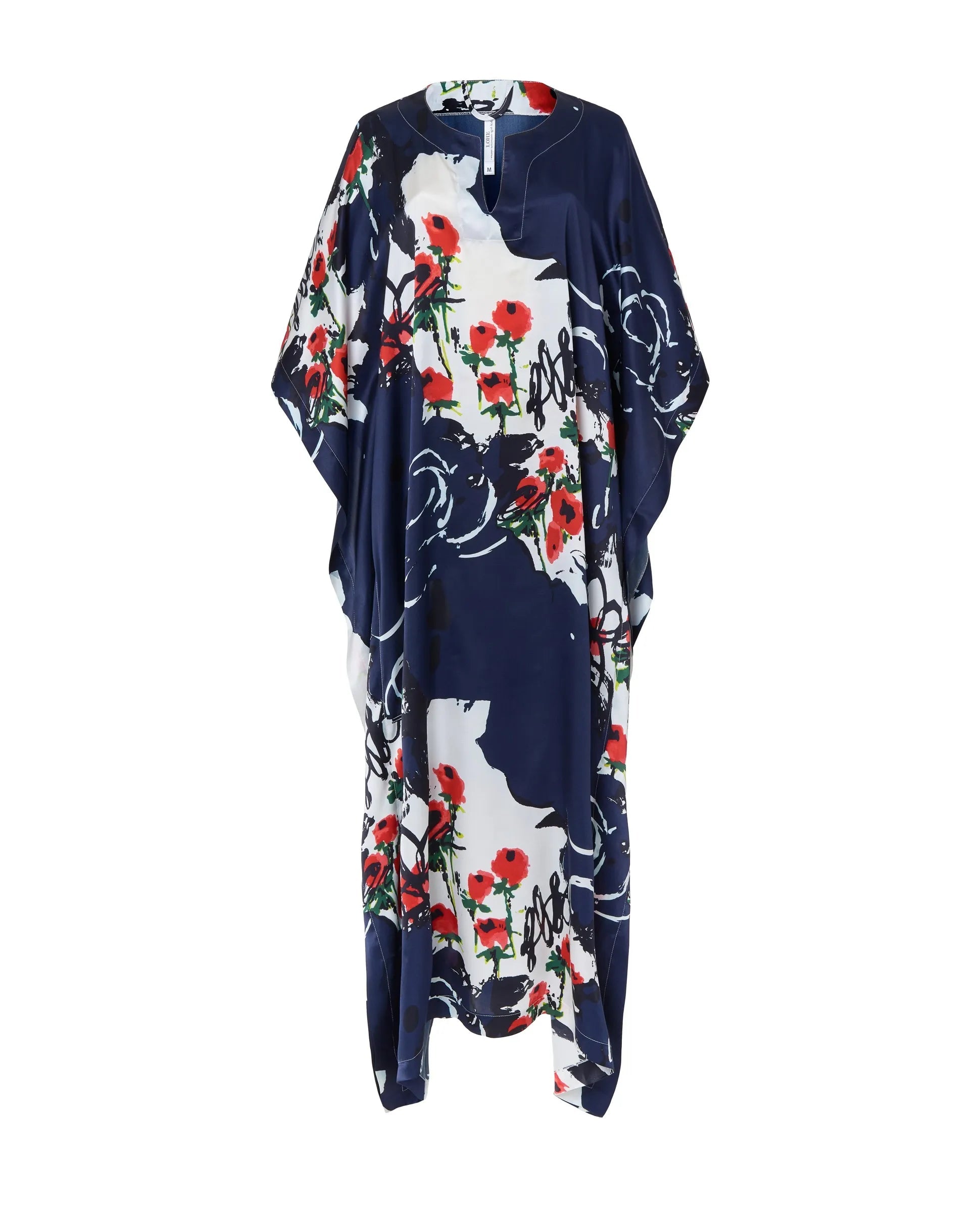 Kaftan de seda natural estampado con escote redondo y abertura central con manga mariposa al codo.