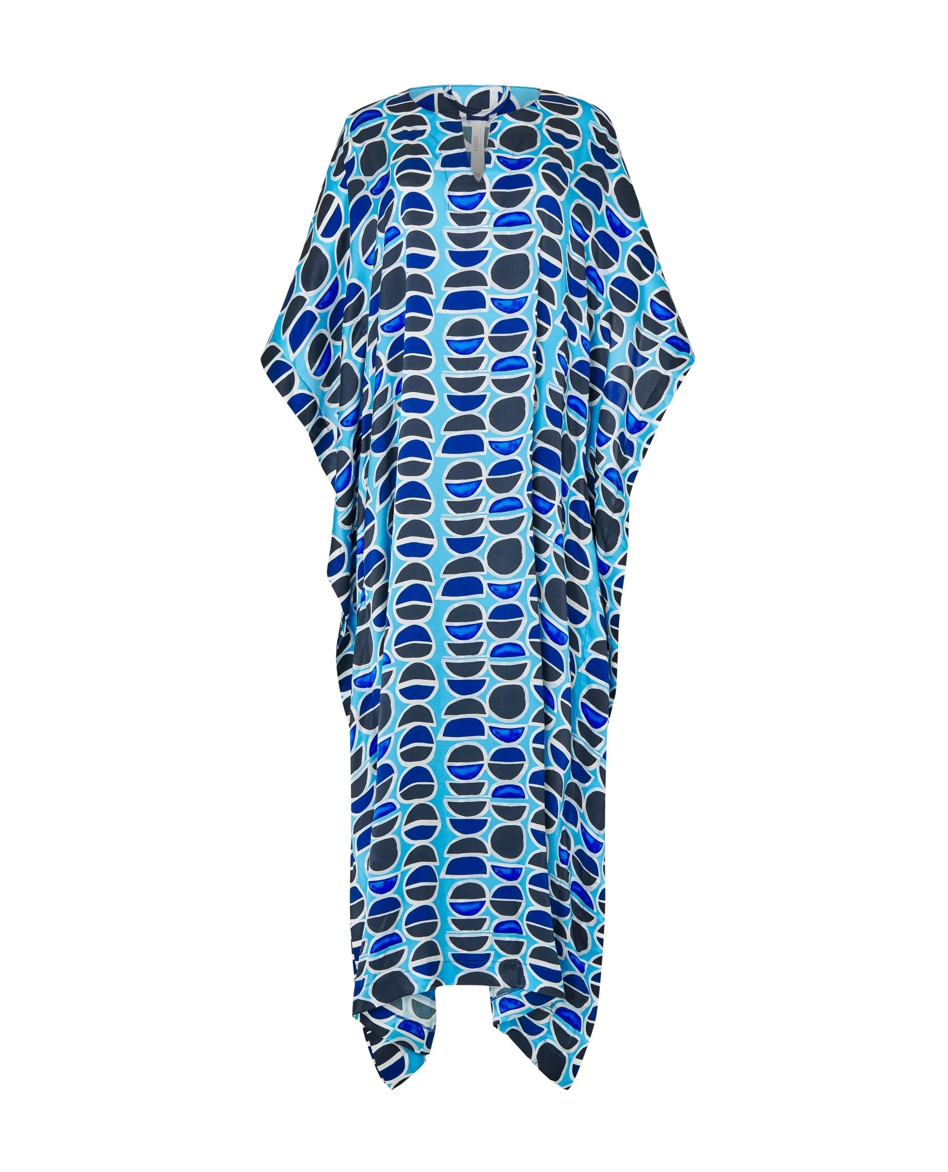 Detalle escote redondo kaftan de seda natural estampado azules