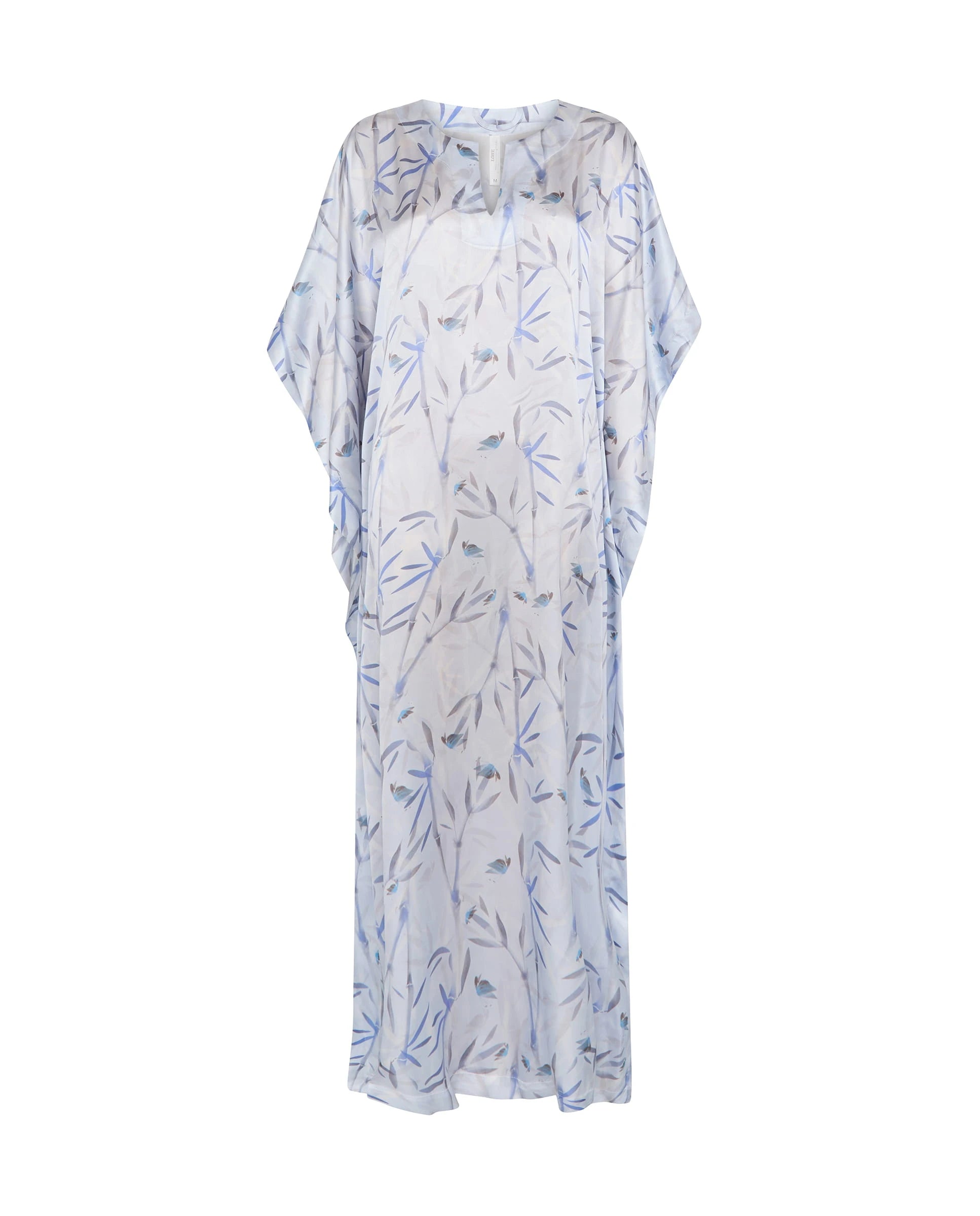 Kaftan de seda natural estampado con escote redondo y abertura central con manga mariposa al codo