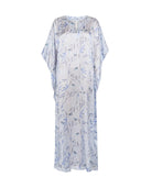Kaftan de seda natural estampado con escote redondo y abertura central con manga mariposa al codo