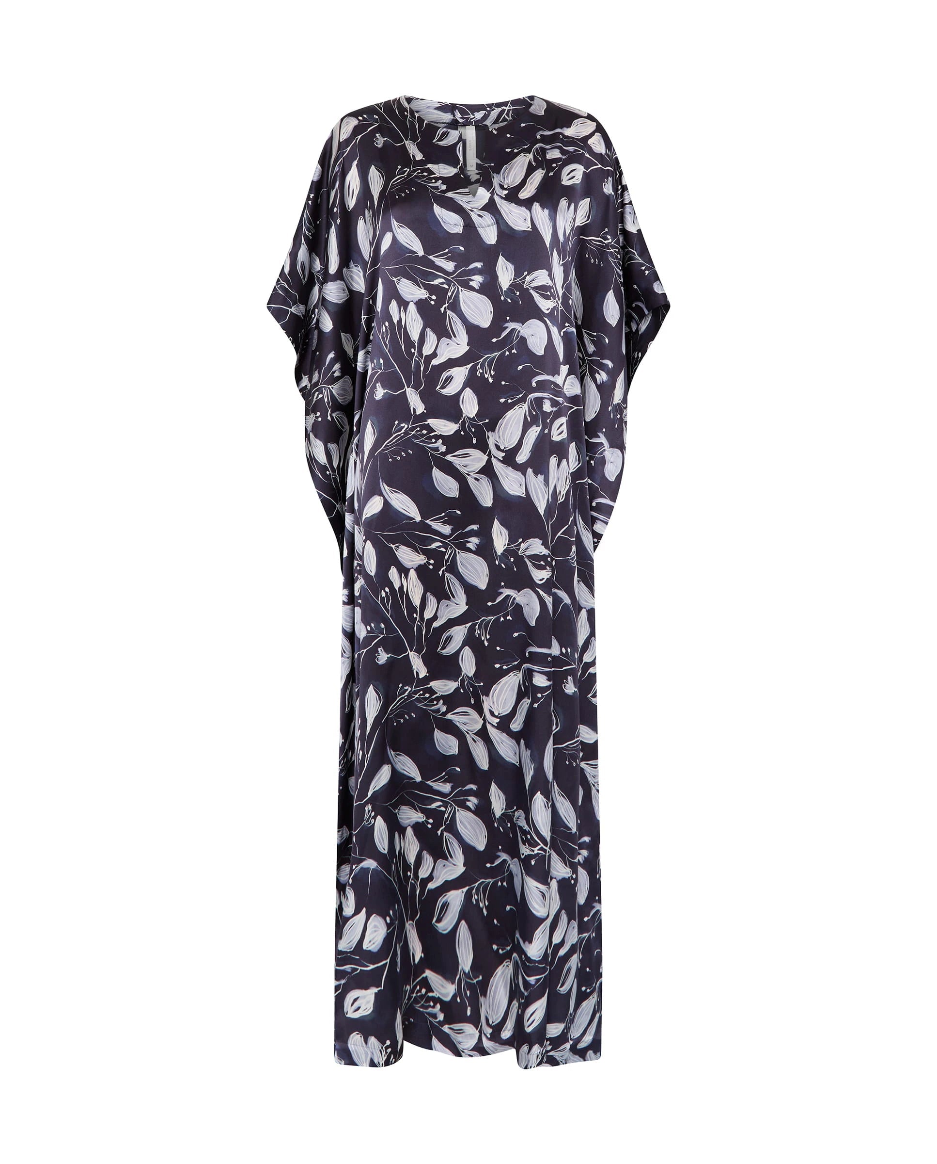 Kaftan de seda natural estampado con escote redondo y abertura central con manga mariposa al codo