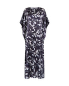 Kaftan de seda natural estampado con escote redondo y abertura central con manga mariposa al codo