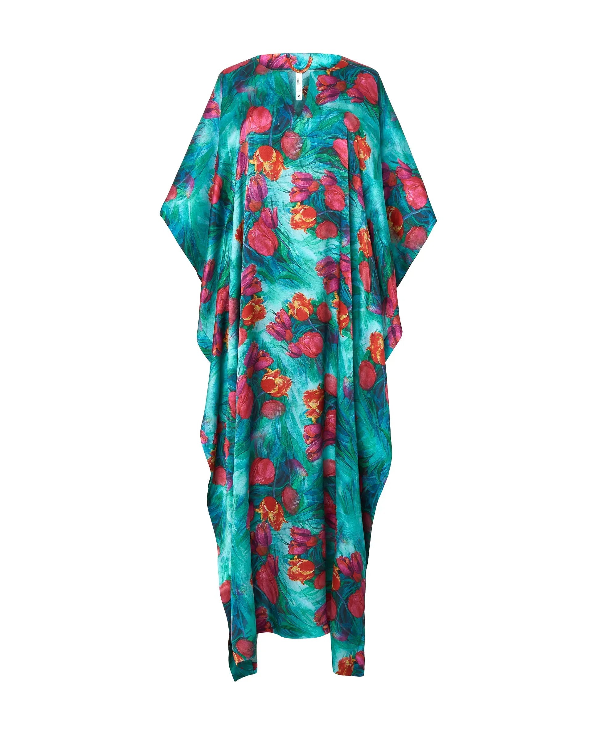 Kaftan de seda natural estampado con escote redondo y abertura central con manga mariposa al codo