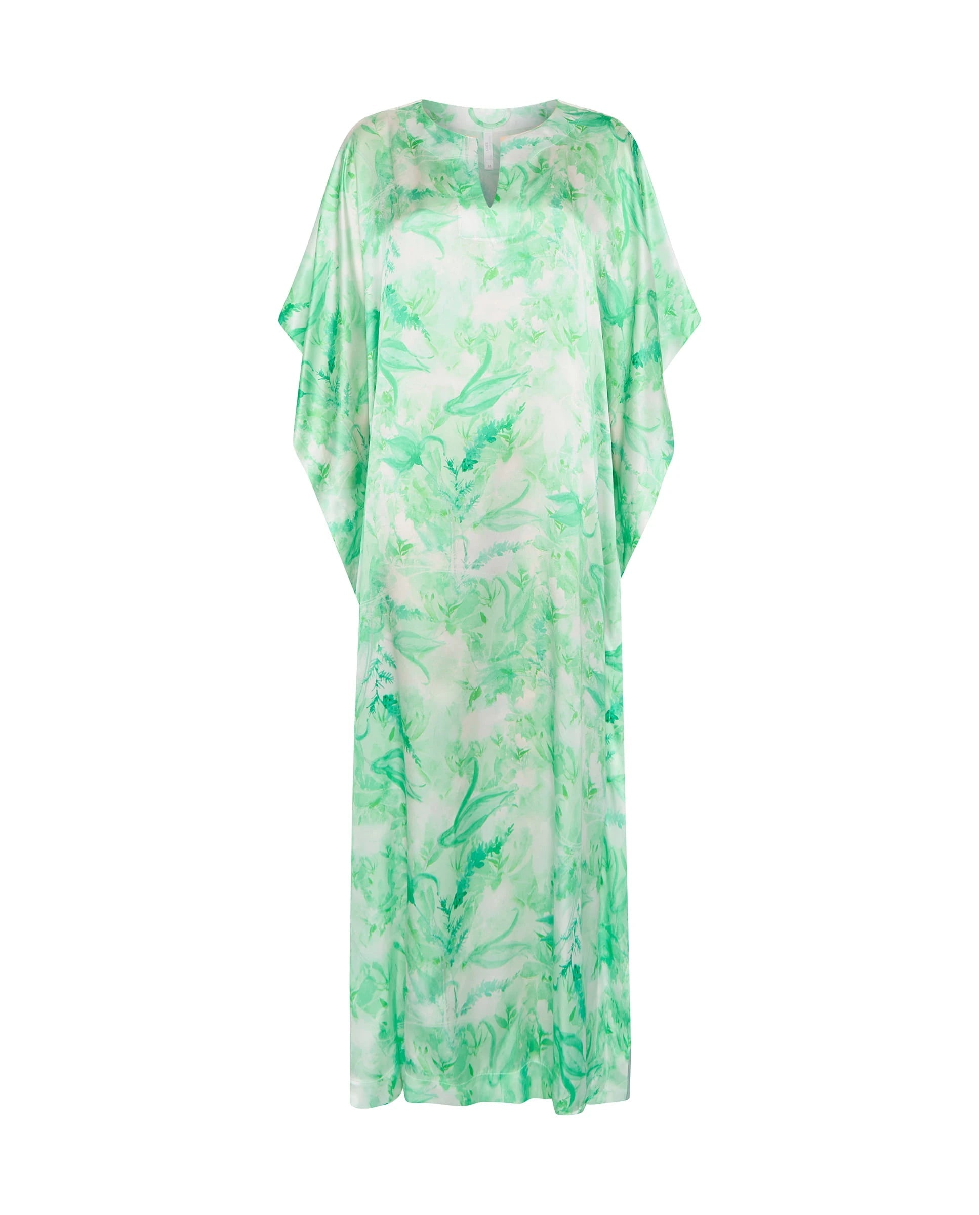 Kaftan de seda natural estampado con escote redondo y abertura central con manga mariposa al codo
