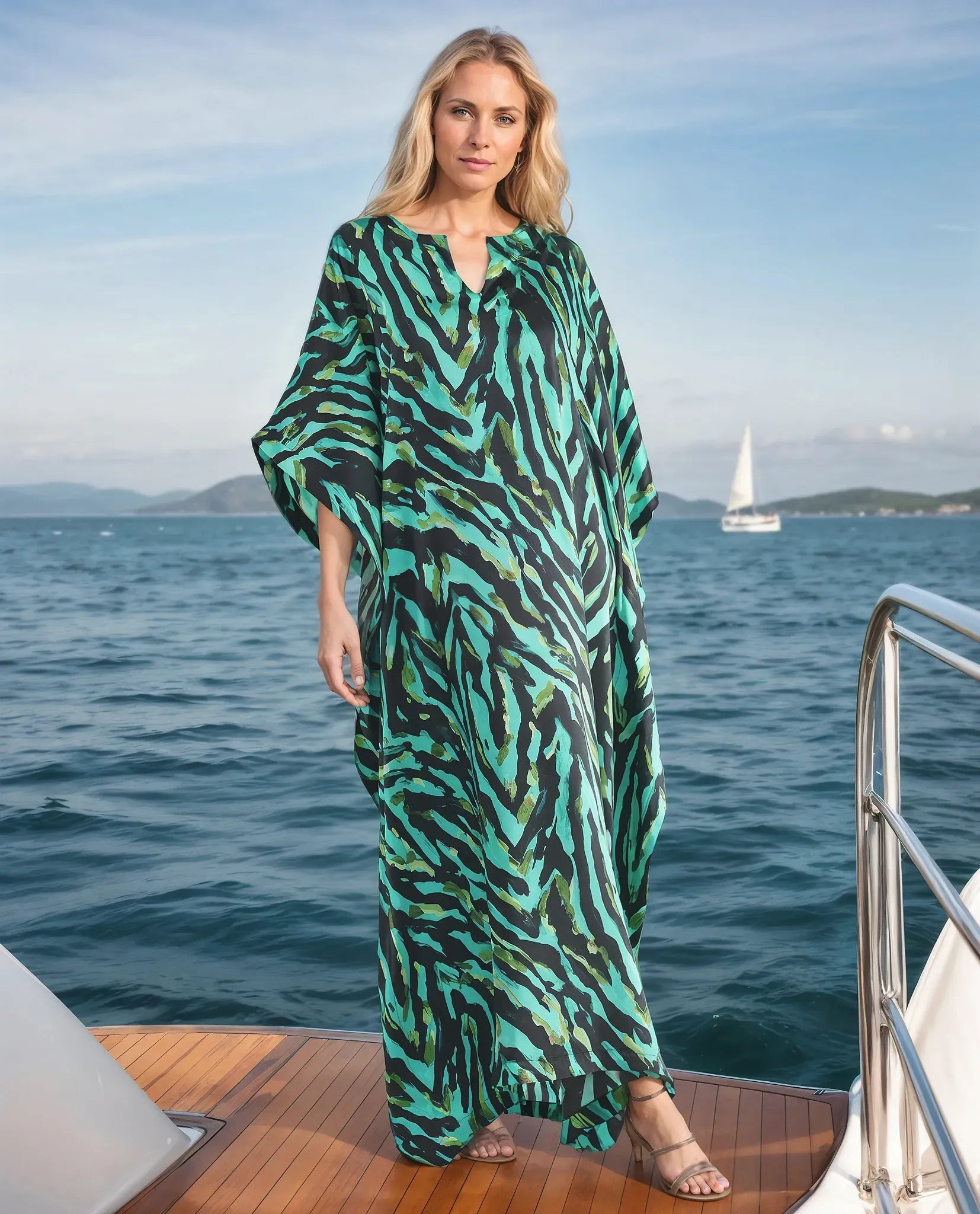 Modelo luce caftán de seda largo para verano en animal print verde