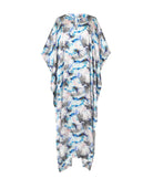 Kaftan de seda natural estampado con escote redondo y abertura central con manga mariposa al codo.