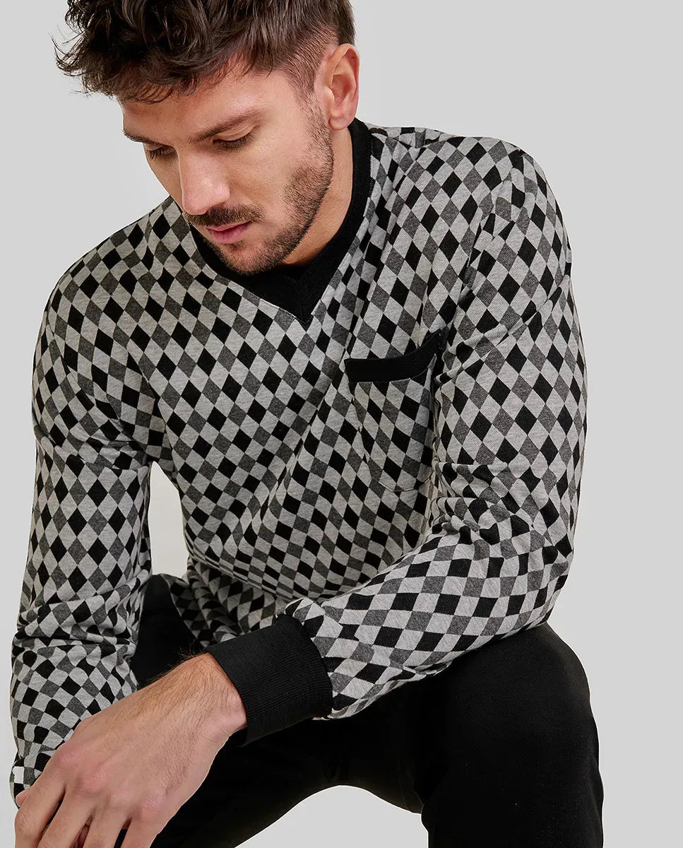 Chaquetilla pijama caballero de invierno estampado de cuadros y puños elásticos