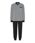 Pijama Lohe de hombre, dibujo rombos escote en pico, manga larga y pantalón largo liso negro y bolsillos laterales.
