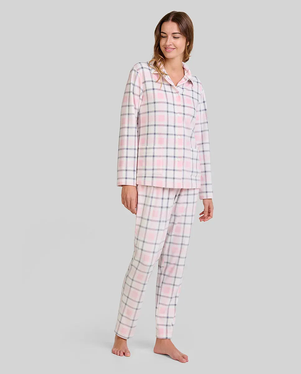 ✅ Pijama camisero largo en micropolar de cuadros rosas y grises | LOHE ®
