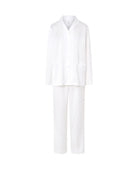 Pijama largo de mujer de manga larga estilo camisero abierto con solapa y botones color marfil con estampado de topos en raso.