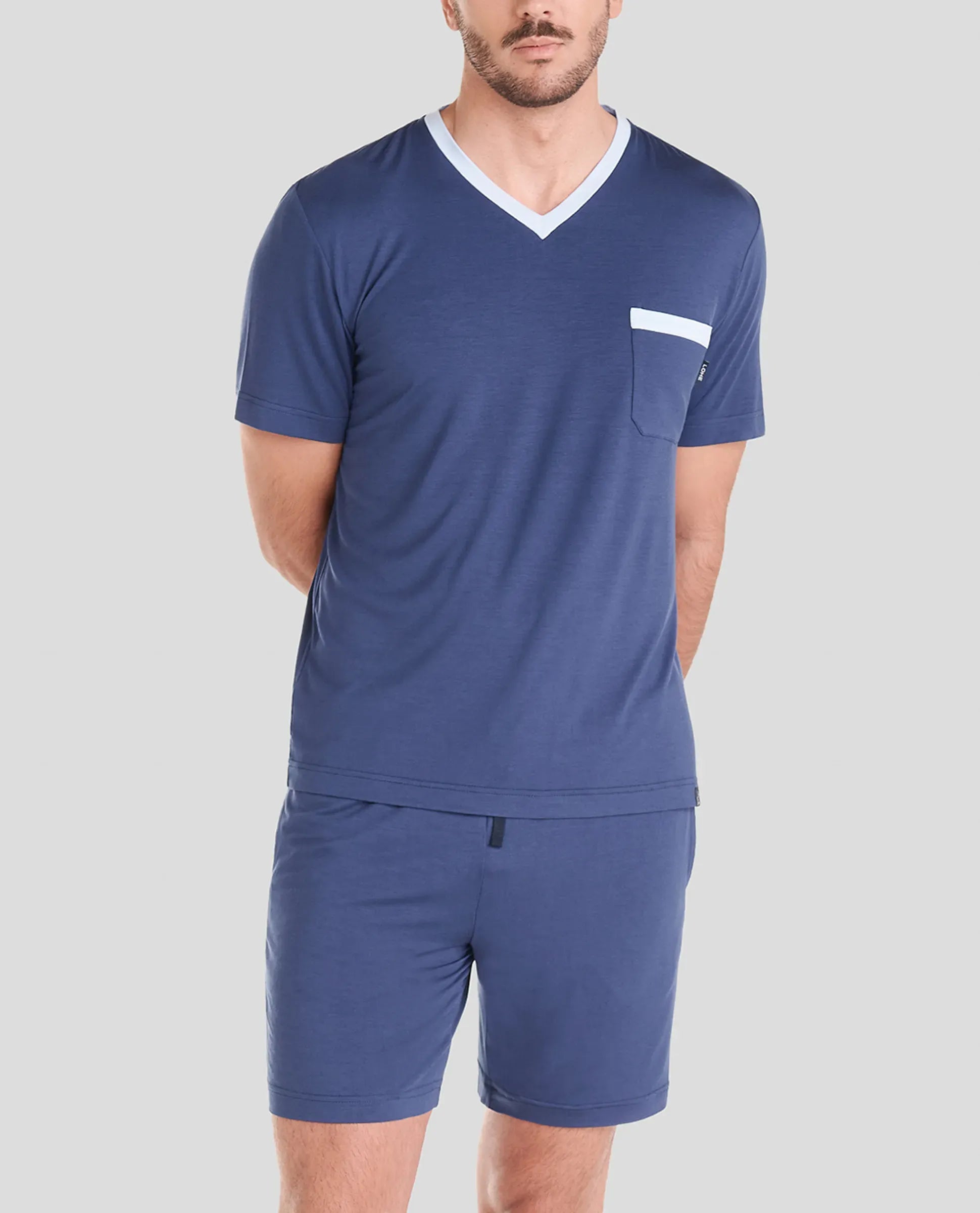 Pijama corto de hombre modal marino con cuello pico a contraste