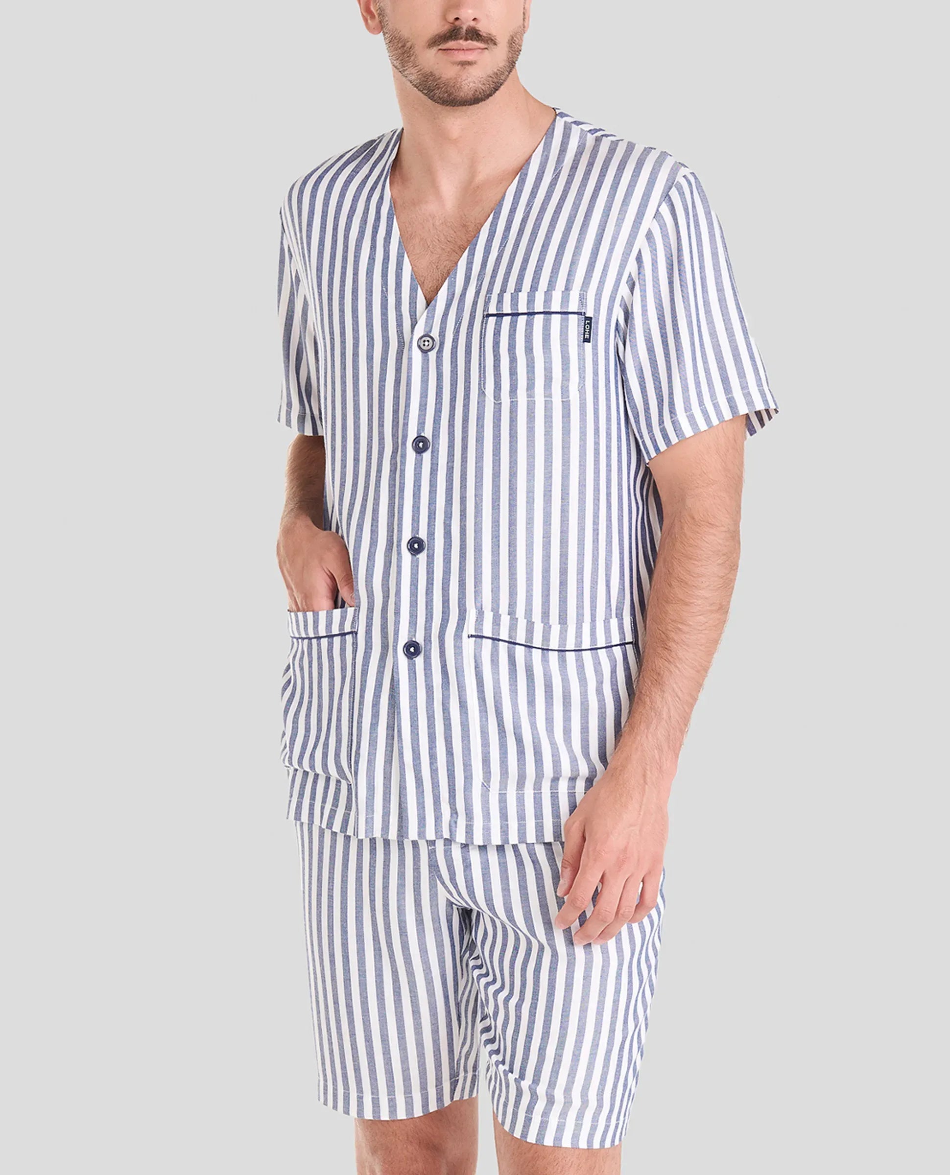 Pijama de verano corto abierto para hombre estampado a rayas