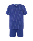 Pijama verano de hombre azul de manga corta estampado de cochecitos, cuello pico y pantalón corto con bolsillos, liso ajustable