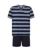 Pijama de verano para hombre, top  manga corta punto a rayas, cuello pico,  pantalón corto liso a juego con bolsillos.