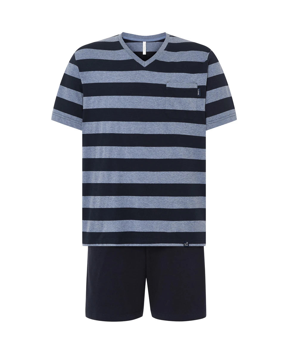 Pijama de verano para hombre, top  manga corta punto a rayas, cuello pico,  pantalón corto liso a juego con bolsillos.