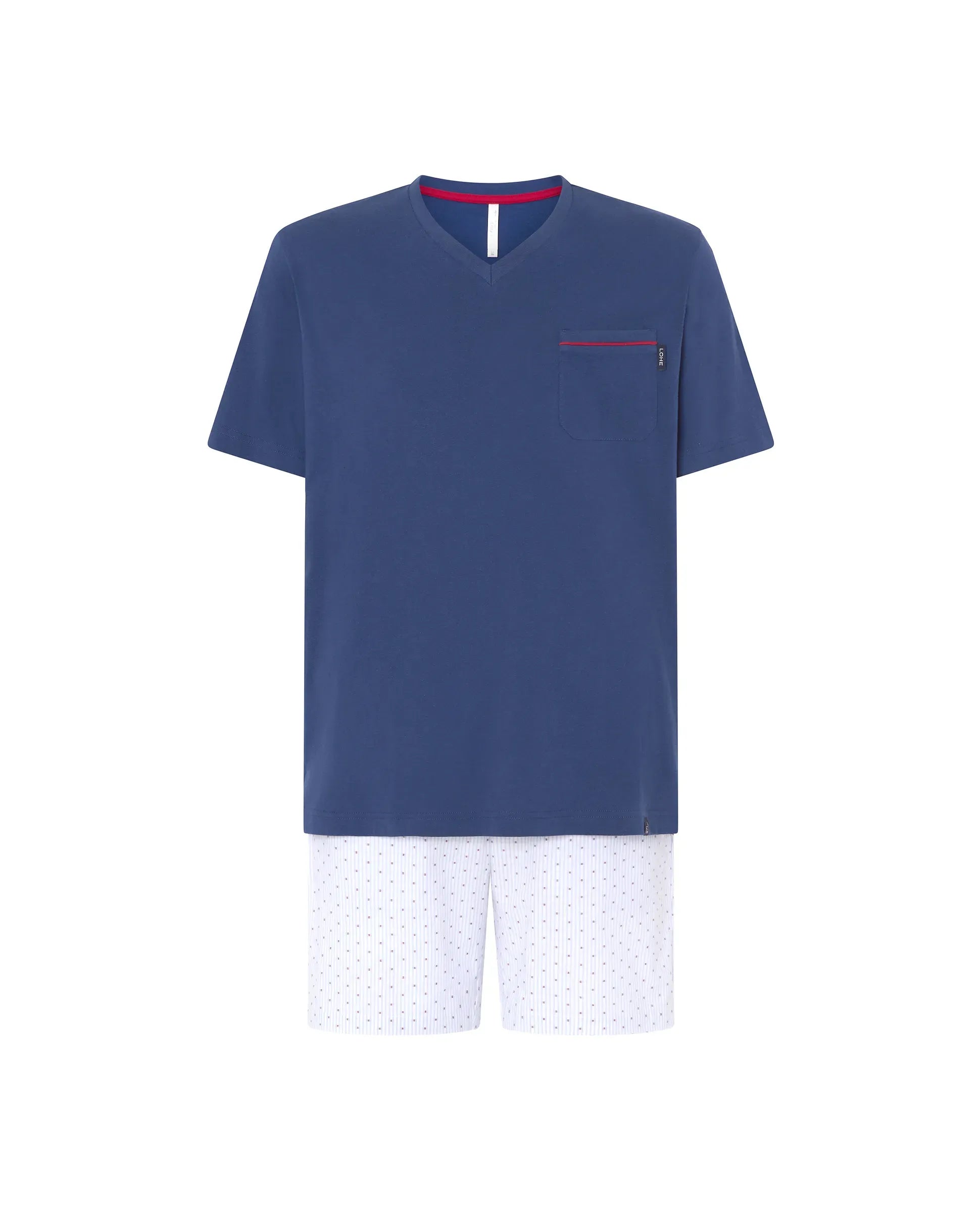 Pijama corto de hombre, top marino de cuello pico y bolsillo pecho, pantalón corto plumeti a lunares y bolsillos.