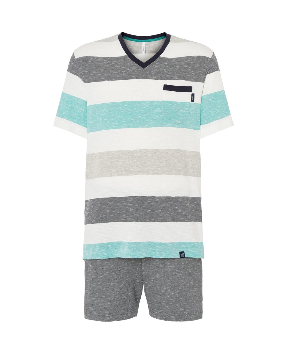 Pijama corto de hombre de punto a rayas anchas, cuello pico y pantalón liso vigoré con bolsillos