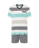 Pijama corto de hombre de punto a rayas anchas, cuello pico y pantalón liso vigoré con bolsillos