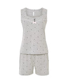 Pijama corto de mujer de suave punto vigoré gris de tirantes anchos y estampado de corazoncitos