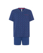 Pijama corto de hombre Lohe, top marino de anclas, cuello pico, bolsillo pecho y pantalón corto liso.