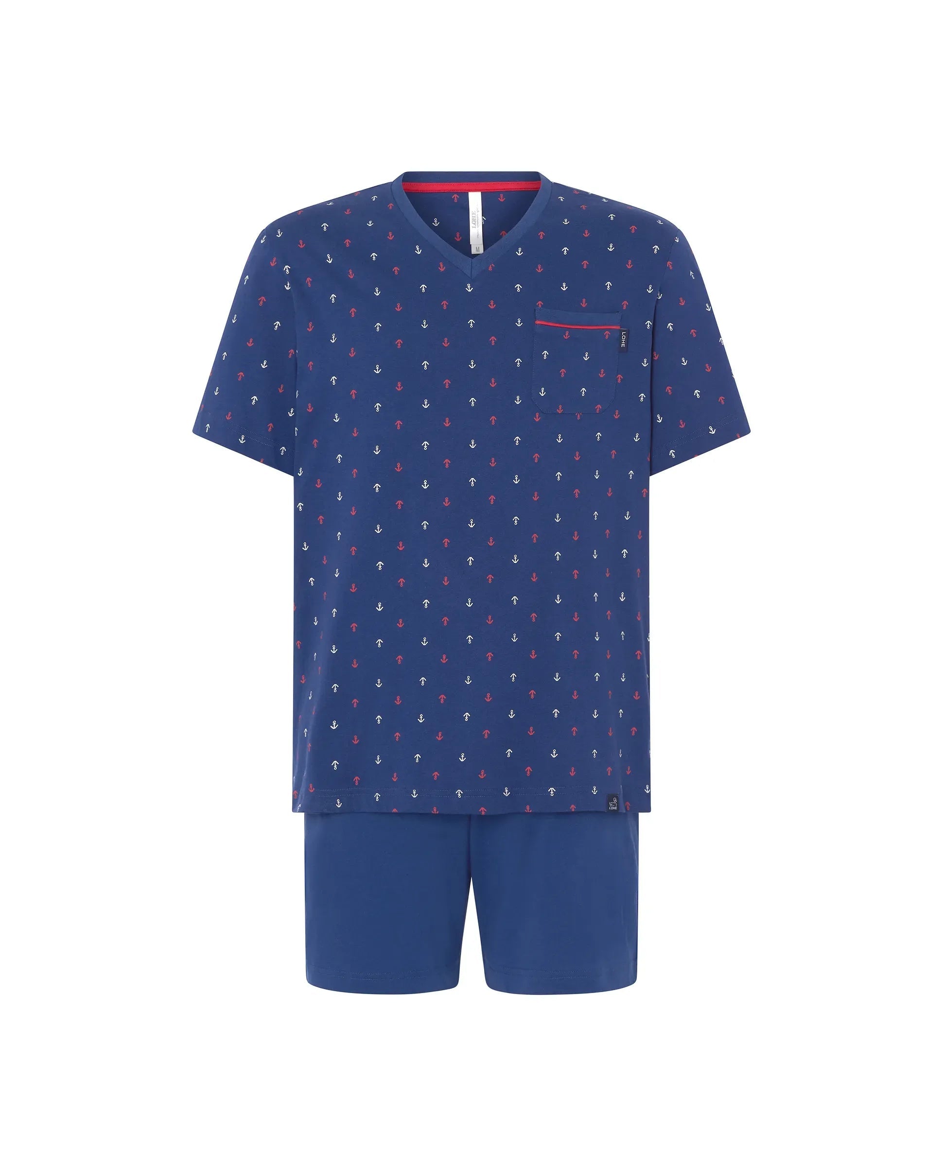 Pijama corto de hombre Lohe, top marino de anclas, cuello pico, bolsillo pecho y pantalón corto liso.